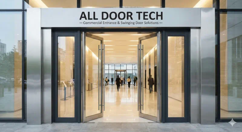 Modern commercial entrance swinging door with durable hardware installed