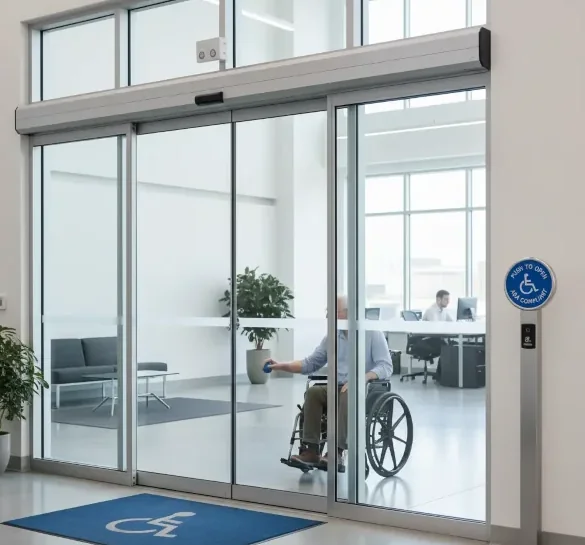 Exterior view of a commercial ADA-compliant automatic glass door entrance