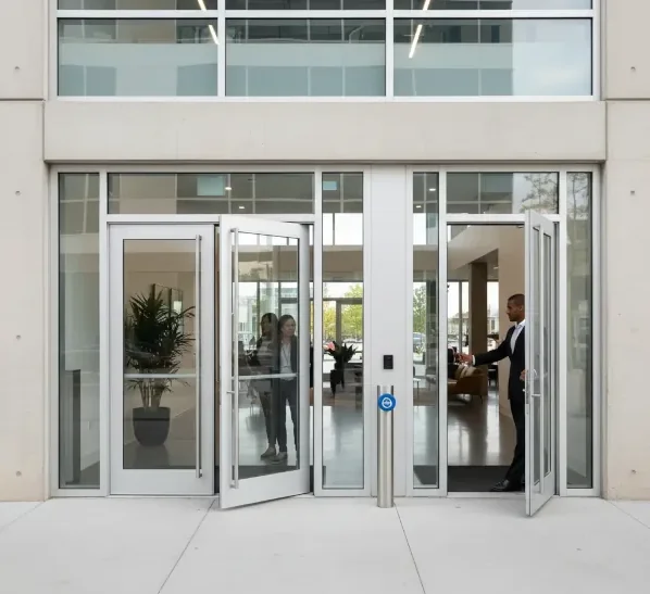 Glass entrance door system installed at a commercial building