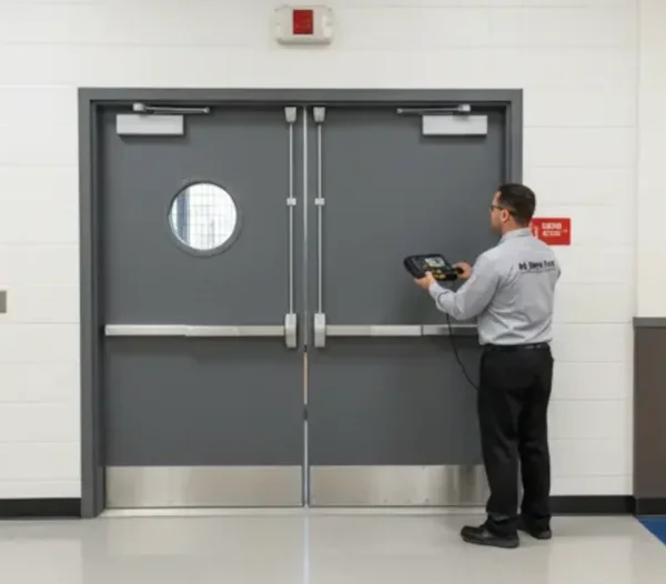 Fire-rated commercial door with certified hardware installed for fire safety compliance