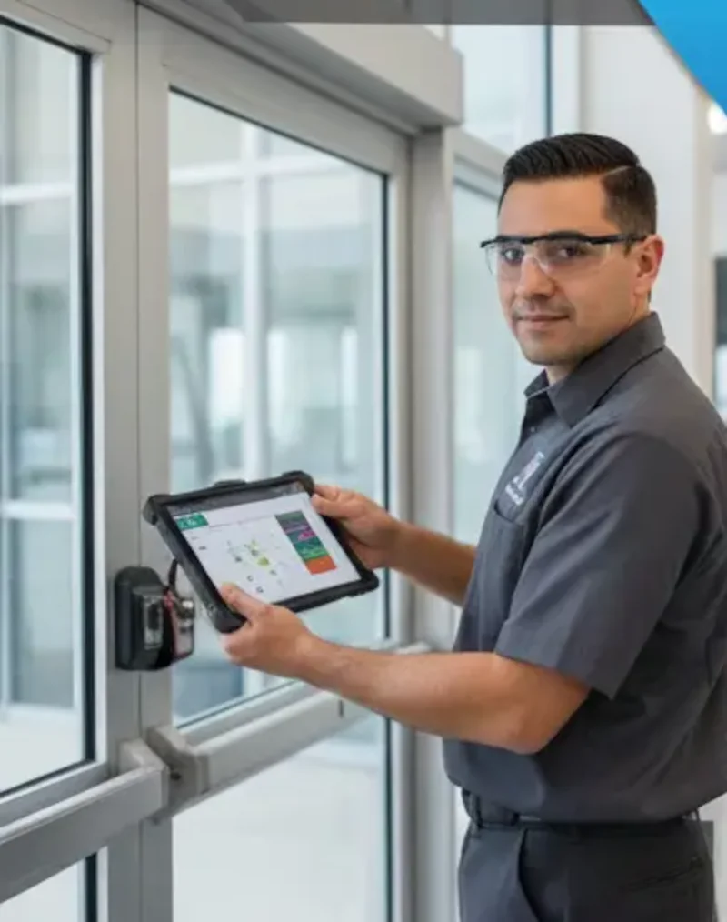 All Door Tech expert performing a maintenance service on a commercial door system