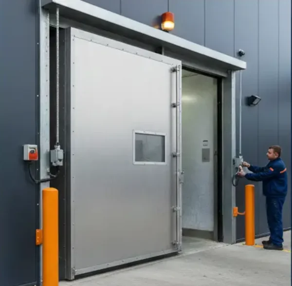All Door Tech technician performing a safety check on a specialty commercial door