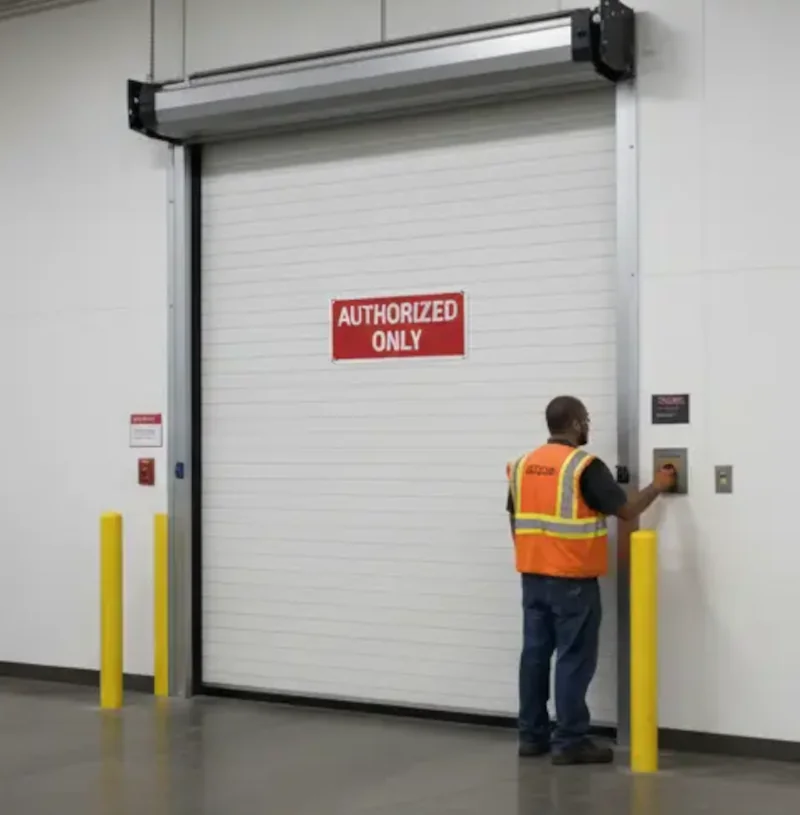 High-speed industrial door system installed in a controlled temperature warehouse