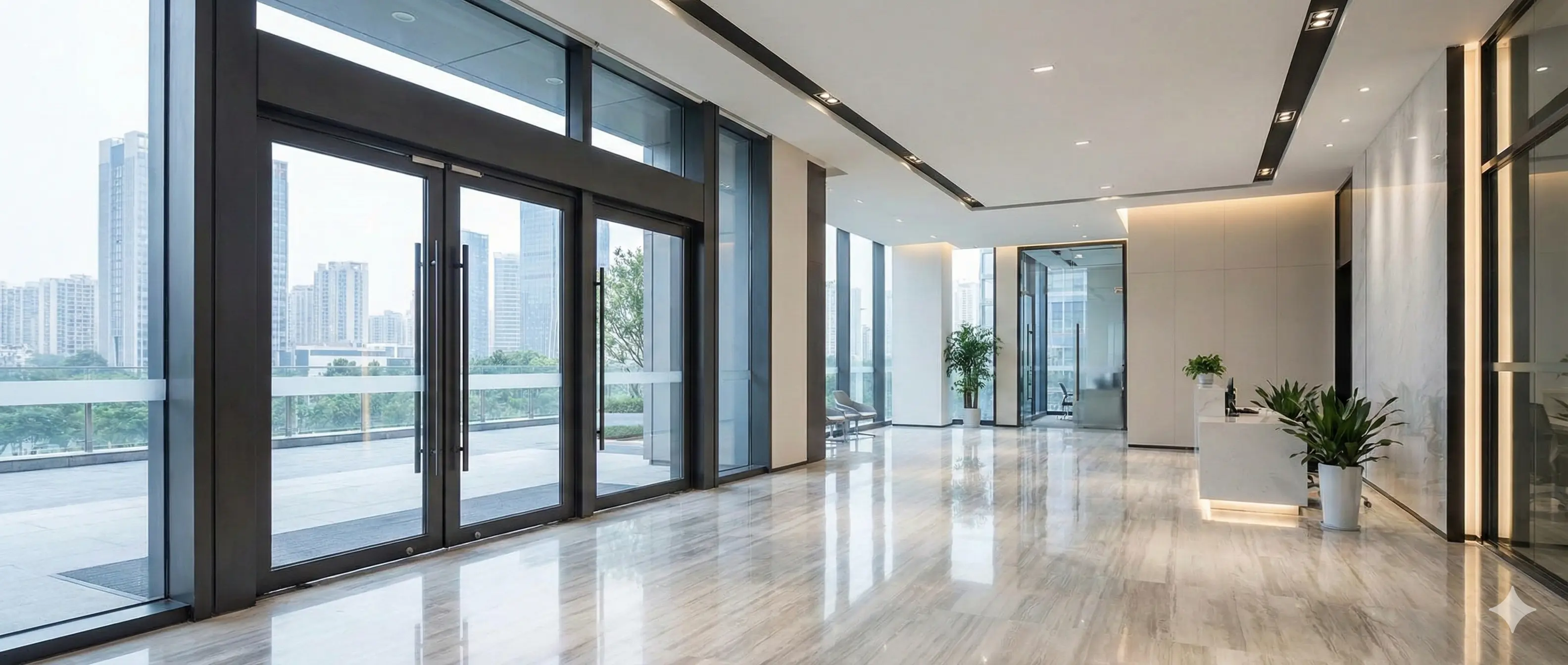 Corporate Glass Doors,Double swing glass doors with metal frames in a modern corporate office hallway