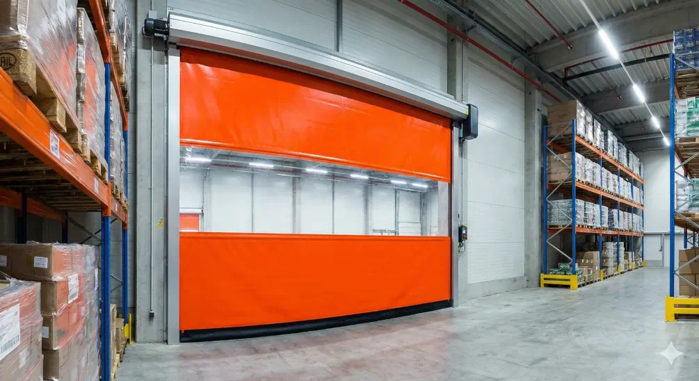 High speed industrial roll-up door separating warehouse zones in a facility