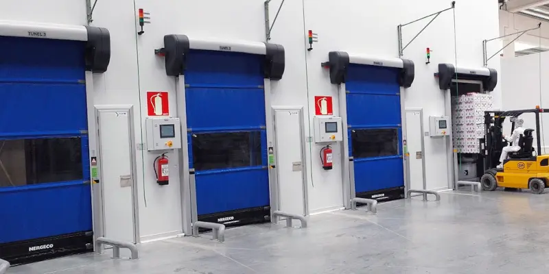 Nergeco High Speed Door equipped with safety sensors and soft bottom edge for industrial use