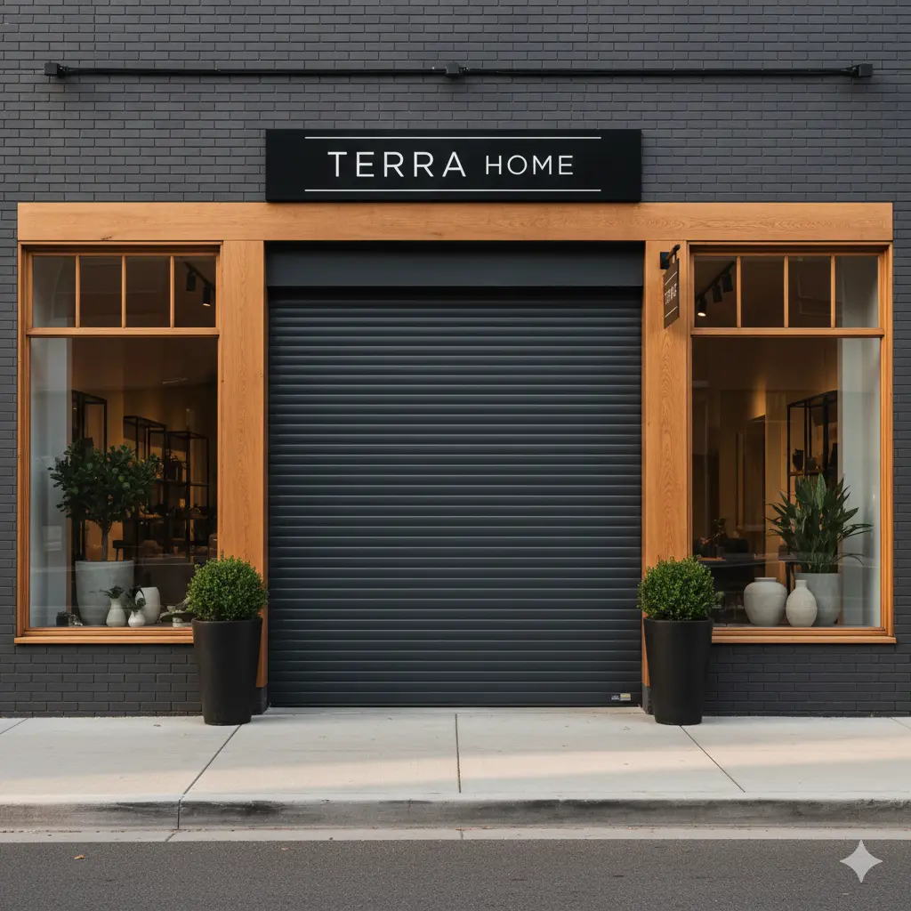 Closed security roll up door at a commercial storefront providing anti-theft protection