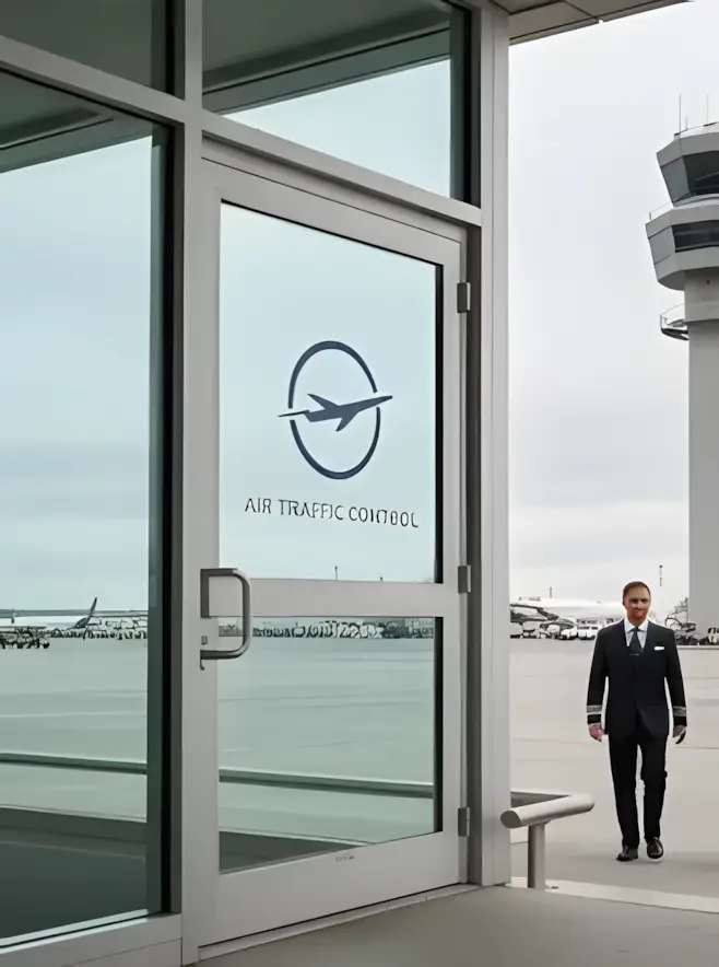 Exterior view of a private aviation FBO hangar with massive sliding steel doors and a business jet parked on the tarmac.