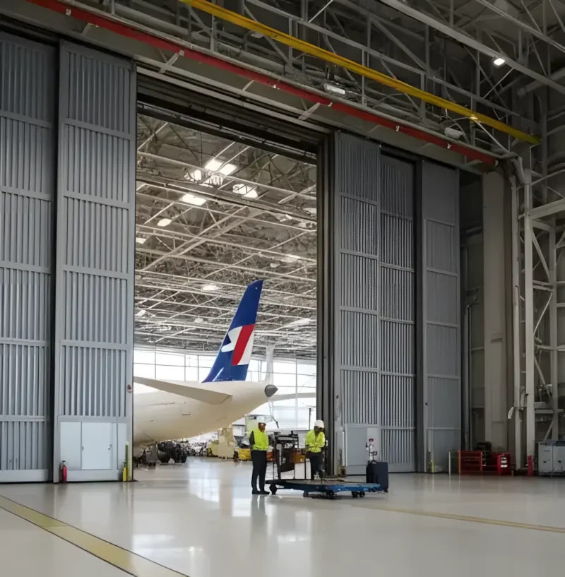 : nterior view of a massive aircraft hangar featuring multi-panel sliding steel doors and technicians performing maintenance near a commercial jet.
