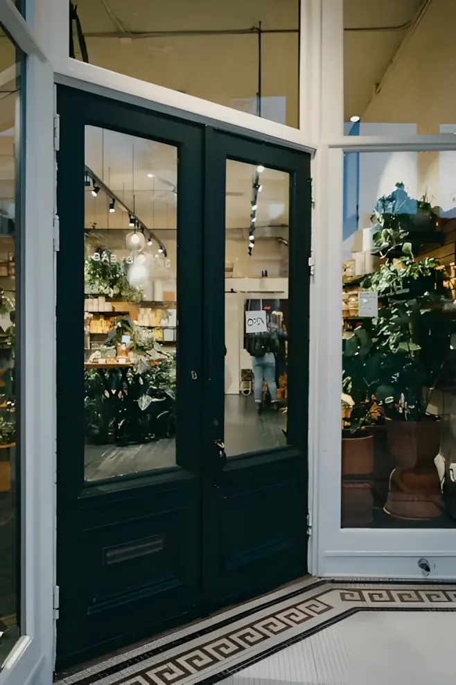 Elegant black-framed tempered glass entrance doors for a high-end retail storefront