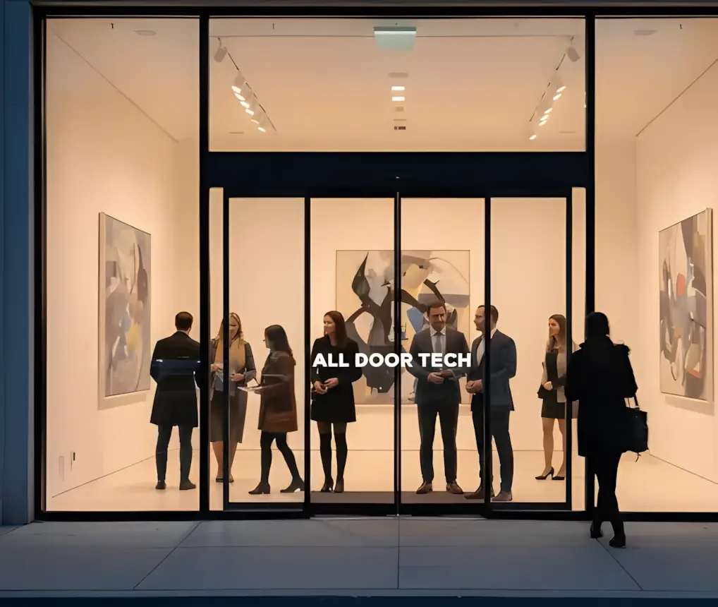 : Modern commercial gallery with glass storefront and automatic sliding doors featuring All Door Tech branding.