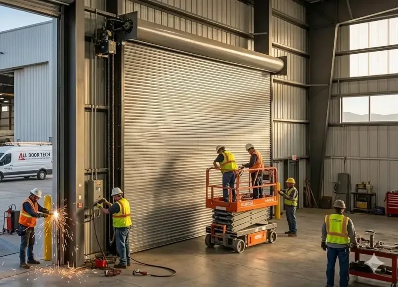 Technicians installing a heavy-duty roll-up door in a warehouse