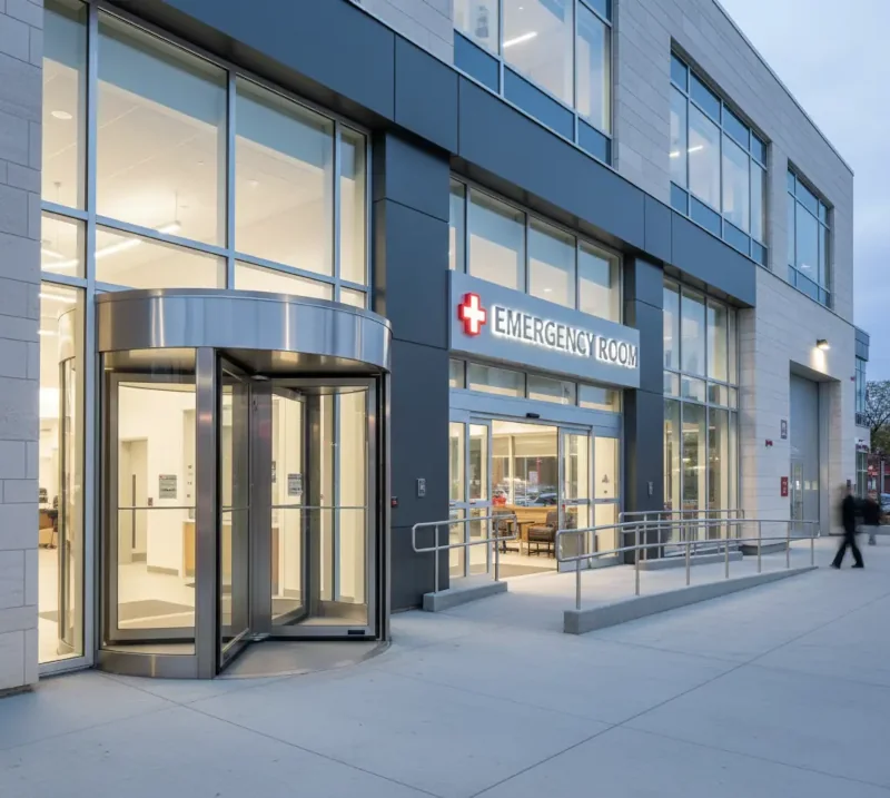 Modern hospital emergency room entrance featuring a revolving door and automatic sliding glass doors for high-volume access.
