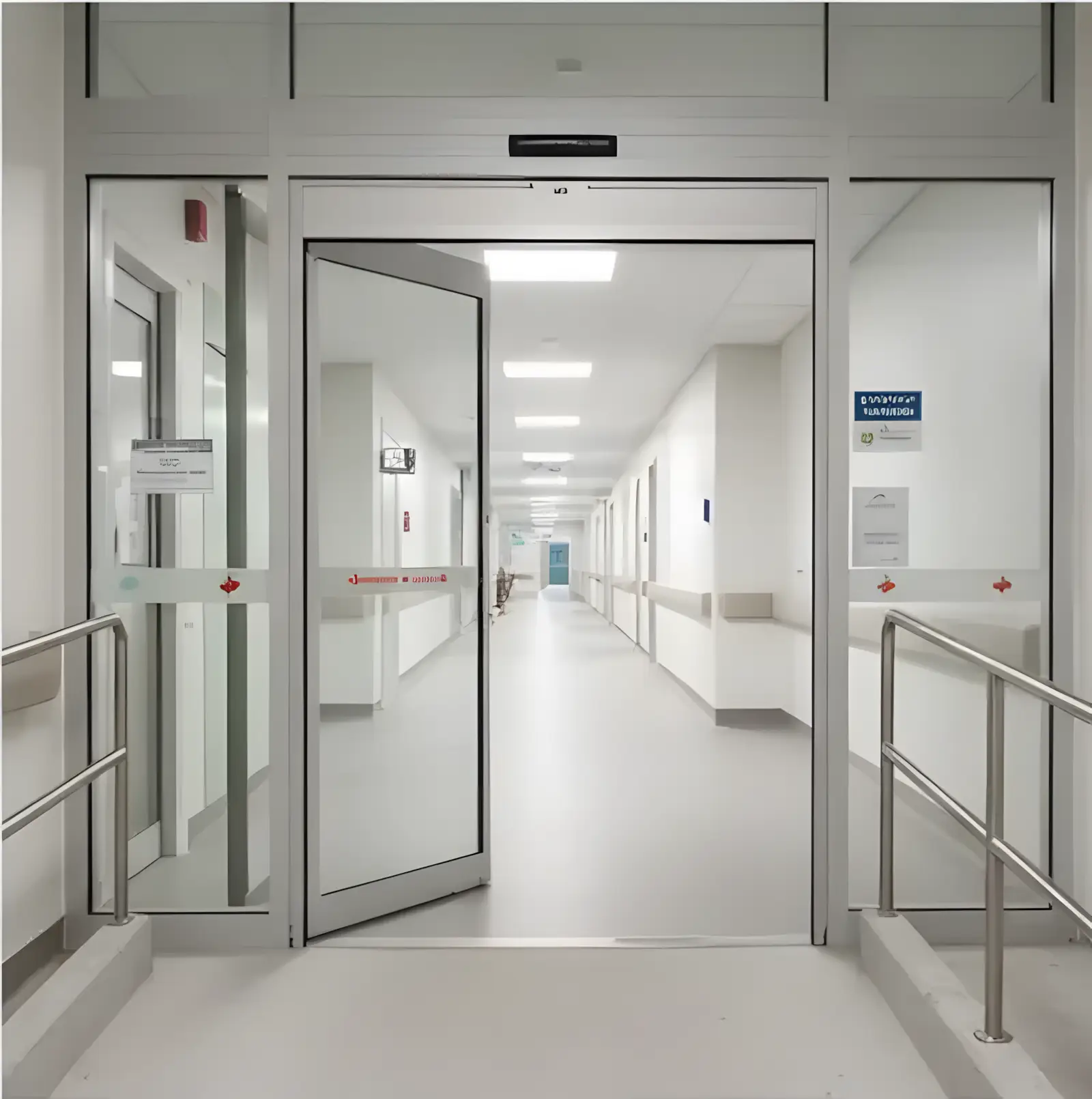 : Teal heavy-duty double swing doors with vision panels and stainless steel kick plates in a sterile hospital corridor.