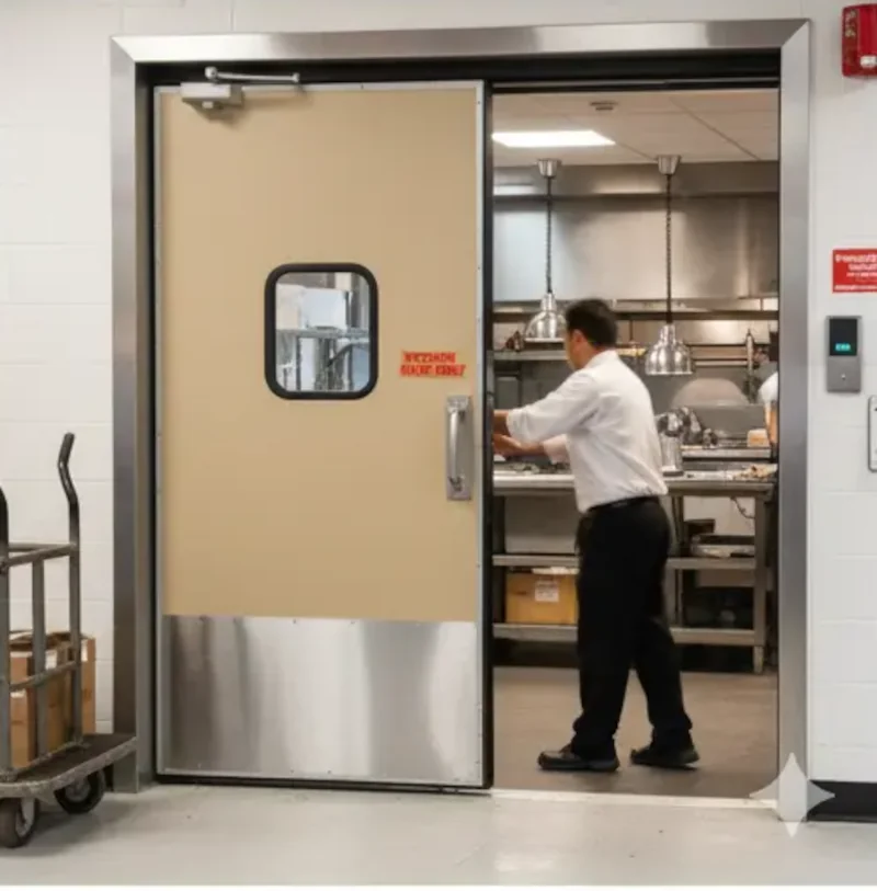 Restaurant staff passing through a heavy-duty tan impact swing door with a vision panel and stainless steel kick plate in a commercial kitchen