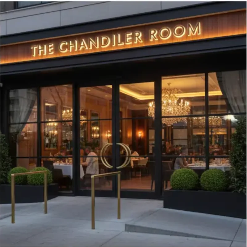 :Elegant black-framed glass entrance doors for a high-end restaurant with warm interior lighting and gold accents.