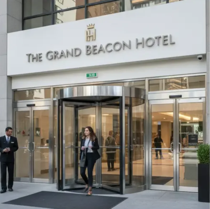 Modern hotel main entrance featuring a stainless steel revolving door and automated sliding glass side doors.