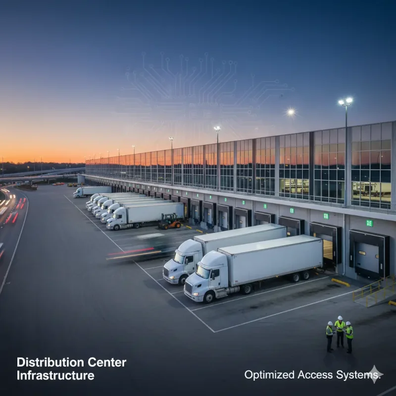 Panoramic view of a busy logistics distribution center with multiple loading docks, parked semi-trucks, and service vans ready for maintenance