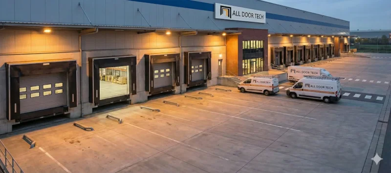 Panoramic view of a large-scale logistics distribution center featuring multiple loading docks, parked semi-trucks, and service vehicles.